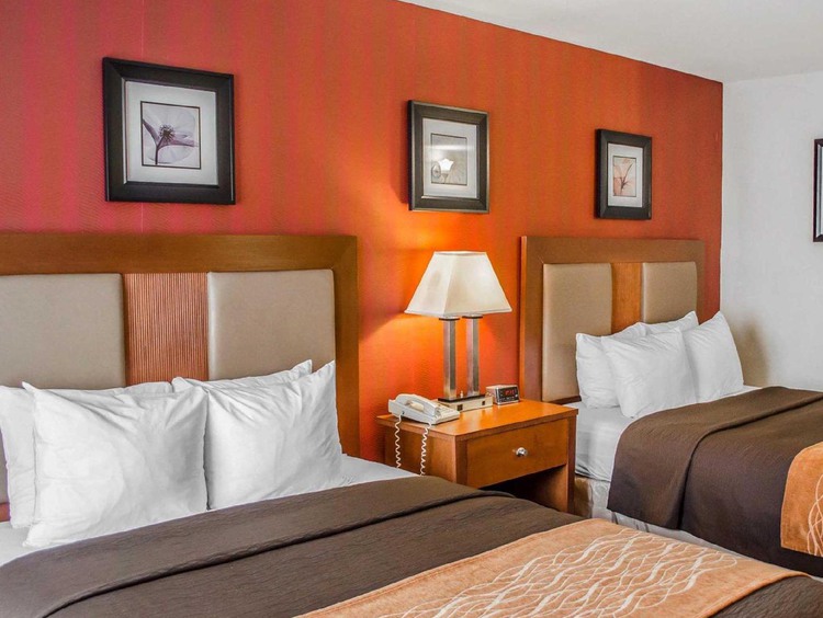 Double beds in hotel room in Harrisburg, PA